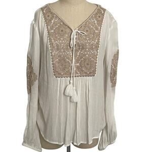 SUNDANCE Palace Pathway Tunic Ivory Gold Embroidered Tassel Tie Lace-up Blouse